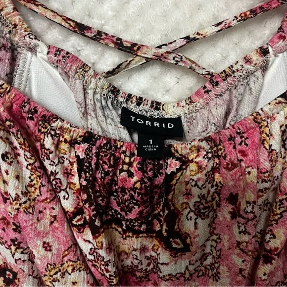 TORRID Crinkle Gauze Cris Cross Back Top Pink & Brown Peplum Cinched Waist Shirt - Picture 7 of 13